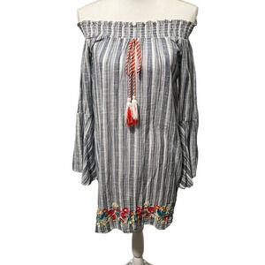 South Main Striped‎ 100% Cotton Dress With Flower Embroidery Gray & White Small